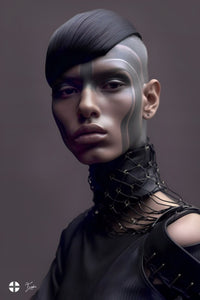 Futuristic AI dark tribe fashion supermodel with cyber knitted dress 0055a (high res. 7000x10000)