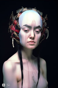 Futuristic AI natural fashion supermodel wearing a transparent dress and a cyber headdress 0138  (high res. 7000x10000)