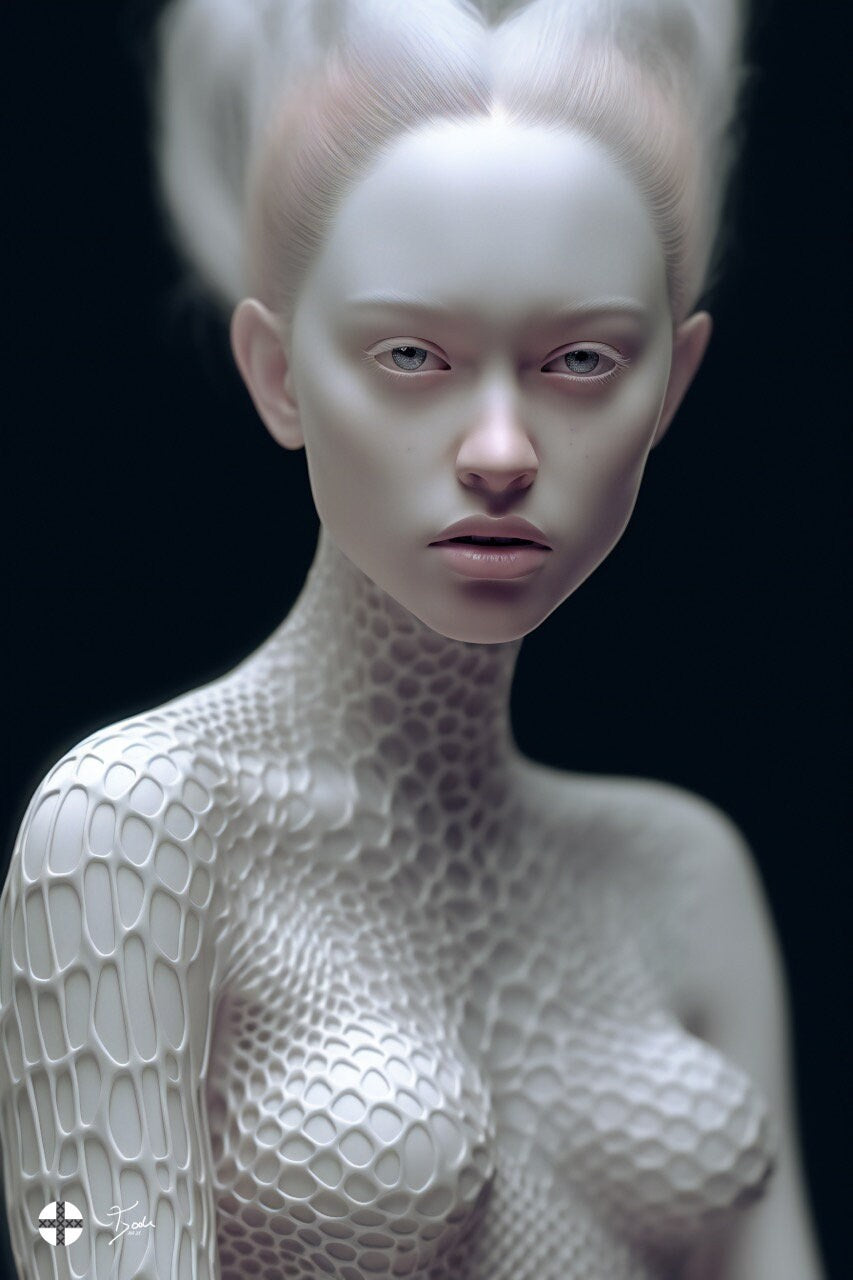 Futuristic AI blond Fashion model with parametric cobweb dress 0018c (high res. 7000x10000)