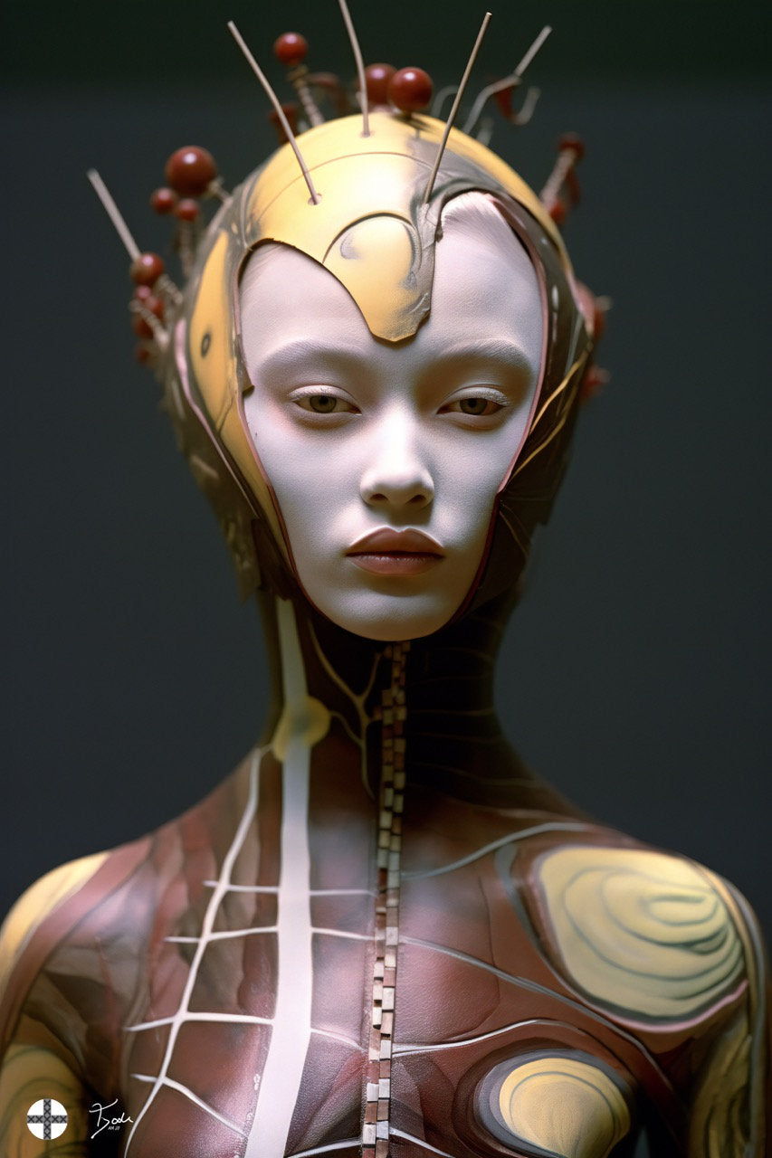 Futuristic AI cyber fashion supermodel in Queen bee-like bodycon zipper dress and matching headpiece 0139 (high res. 7000x10000)