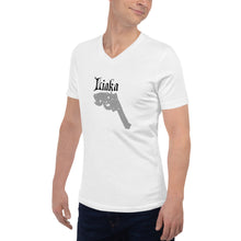 Load image into Gallery viewer, LIAKA (Love is a killer application) White Unisex Short Sleeve V-Neck T-Shirt
