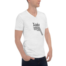 Load image into Gallery viewer, LIAKA (Love is a killer application) White Unisex Short Sleeve V-Neck T-Shirt
